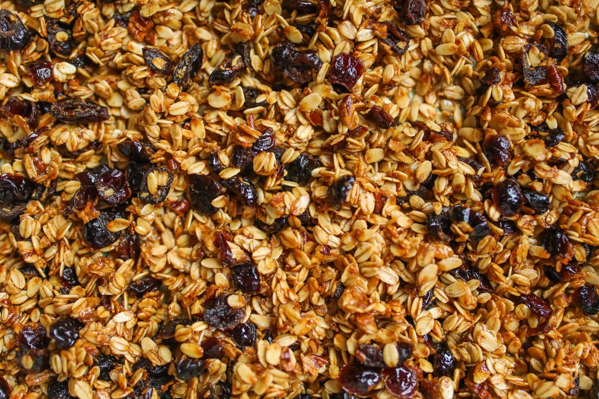 Close-up of granola clusters under scrutiny