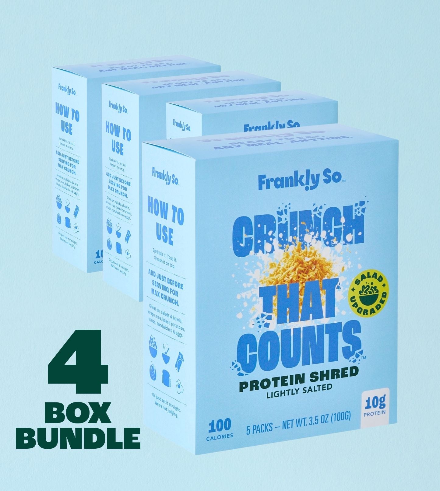 Four boxes of Frankly So Crunch That Counts Protein Shred on a light blue background