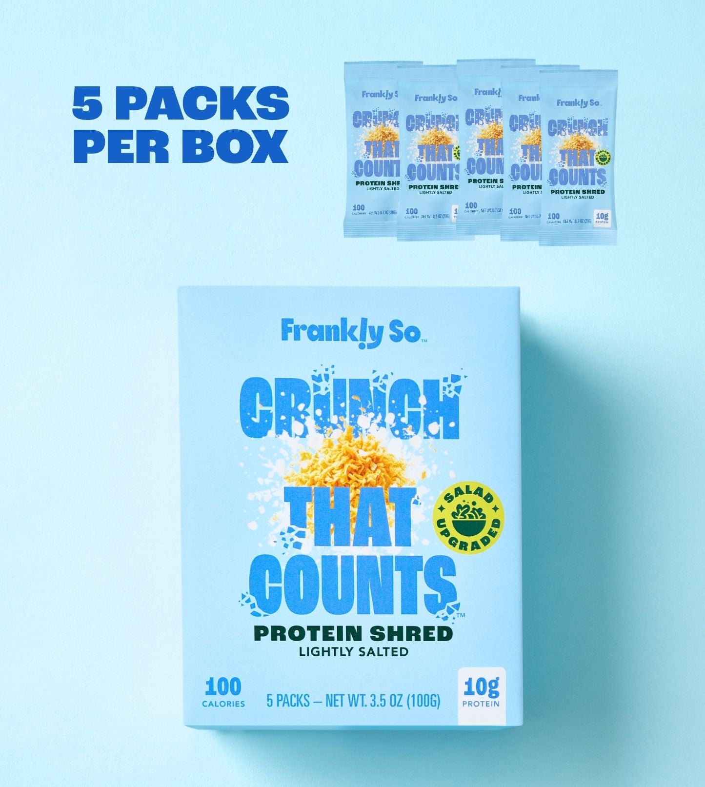 Box of Frankly So Crunch That Counts Protein Shred with packaging details on a light blue background
