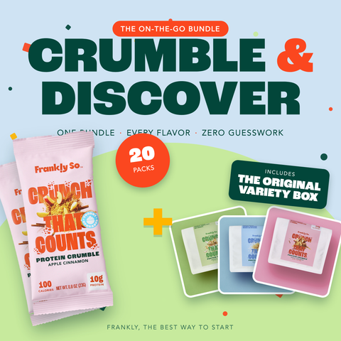 Crumble & Discover — The On-The-Go Bundle. 20 single-serve Apple Cinnamon packs, plus The Original Variety Box. One bundle, every flavor, zero guesswork.