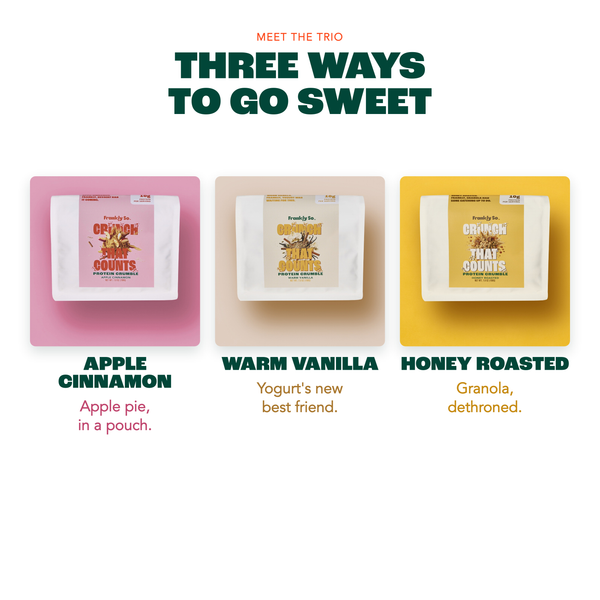 Meet the trio — three ways to go sweet: Apple Cinnamon, Warm Vanilla, Honey Roasted. Each with 10g protein.
